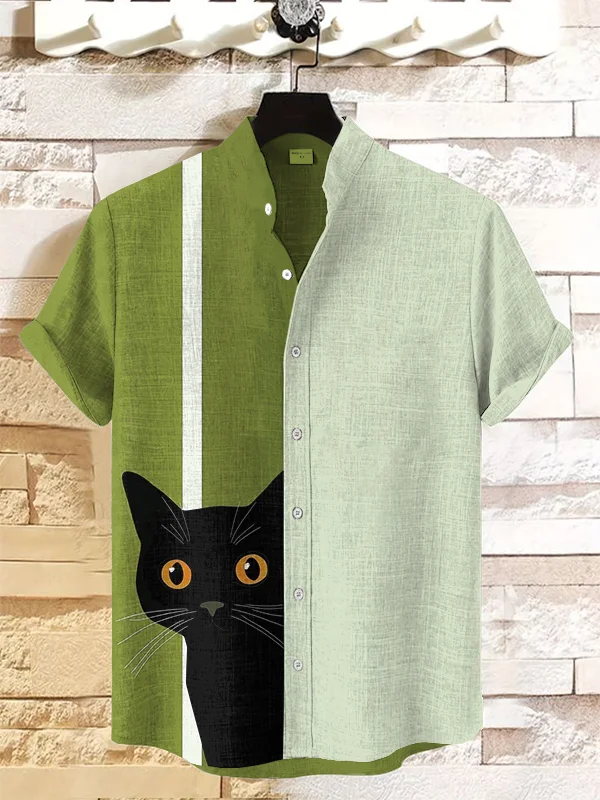 Men's Curious Black Cat Peeking Art Print Casual Shirt