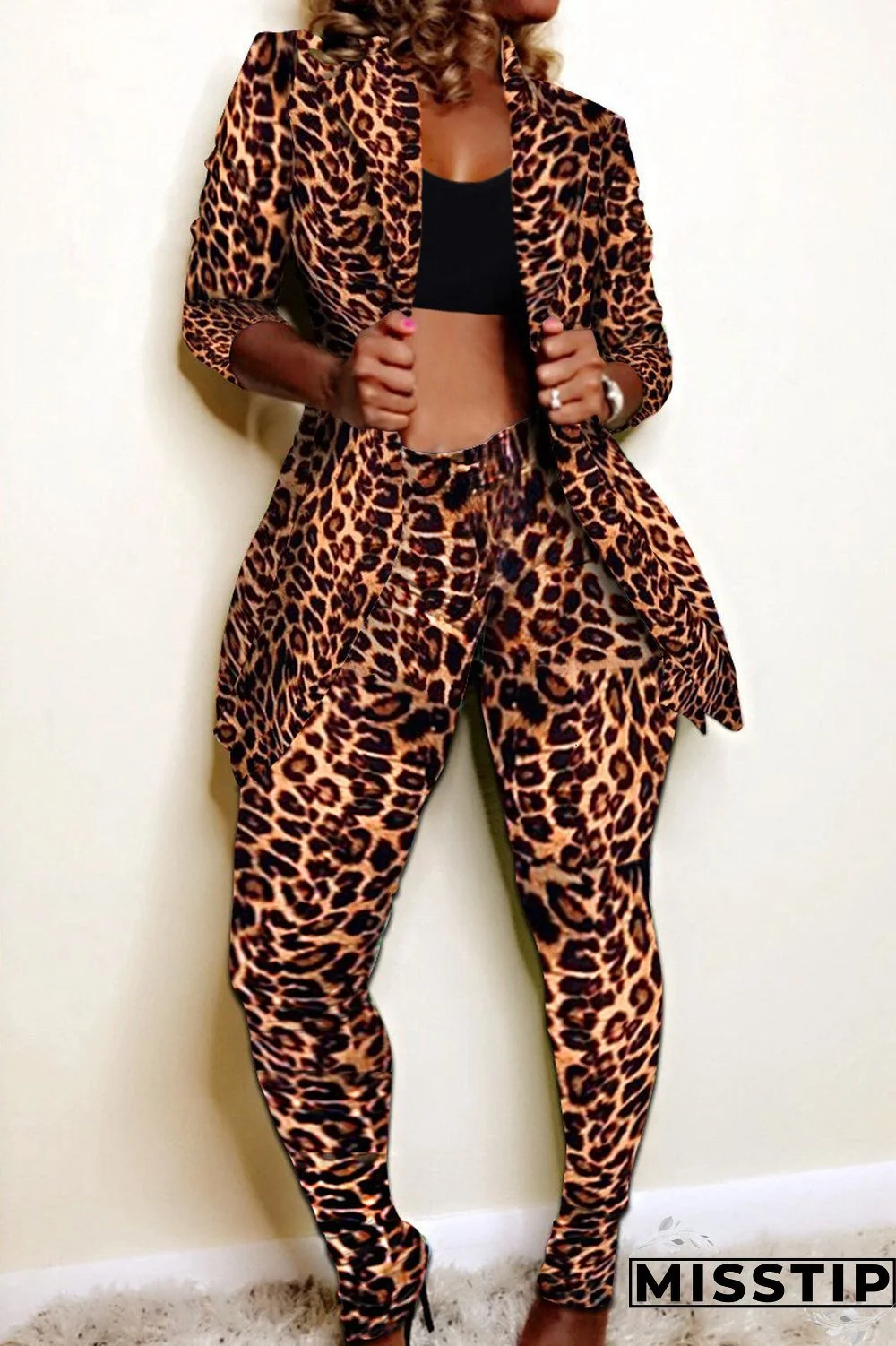 Colour Fashion Casual Print Cardigan Pants Turndown Collar Long Sleeve Two Pieces