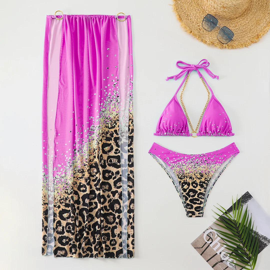 Uveng 2024 New Fixed-Print Leopard Print Three-Piece Mesh Dress Bikini