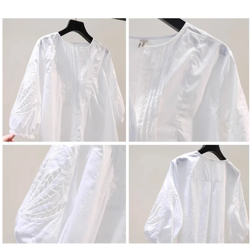 Uveng Uveng Embroidered Seven-Sleeved White Cotton Shirt Women Loose Thin Shirt 2025 Summer Korean Version Of The Top