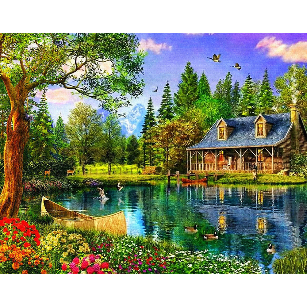 Scenic Lake House 50x40cm(canvas) full square drill diamond painting