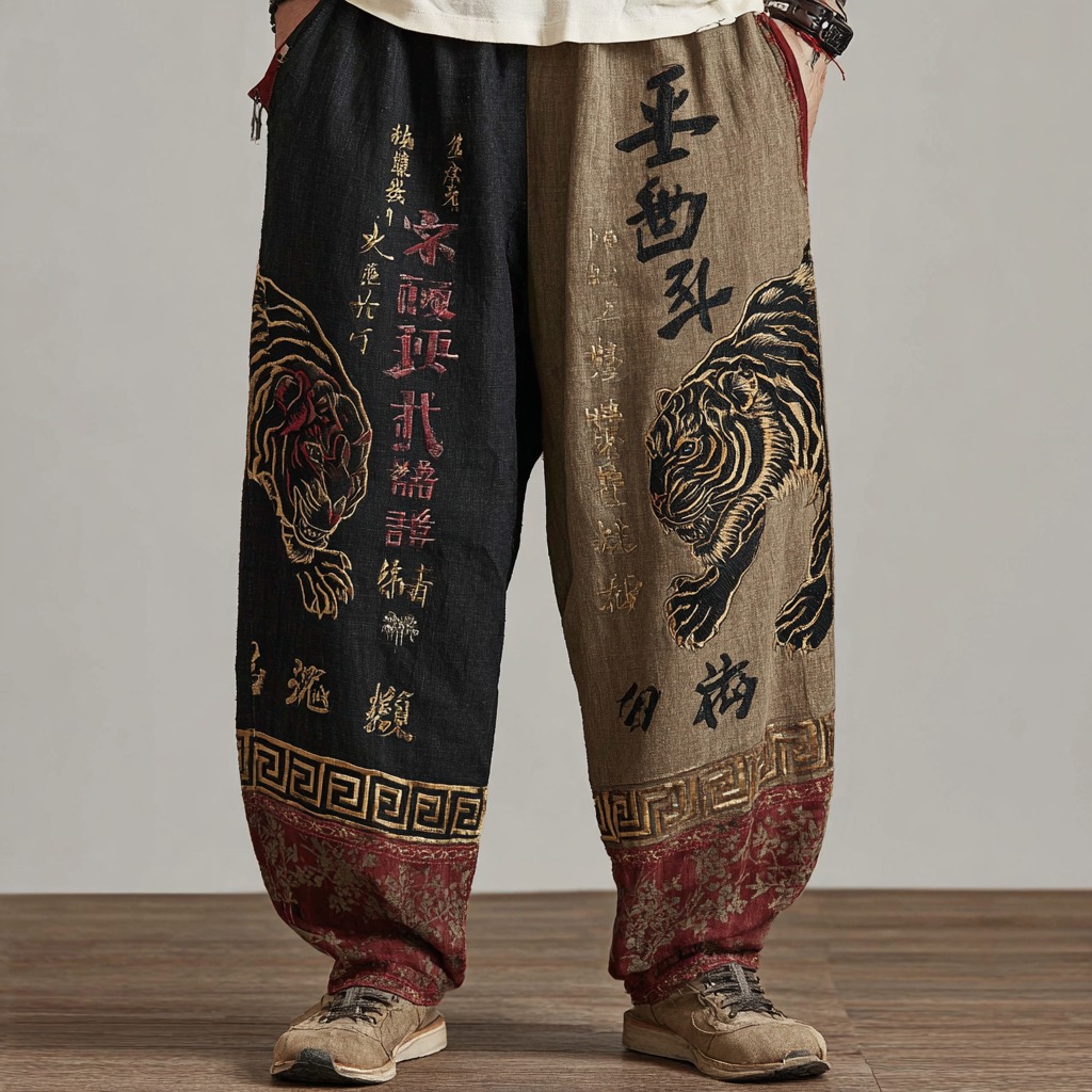Men's Black Panther And Calligraphy Art Pattern Casual Linen Pants elevenforest