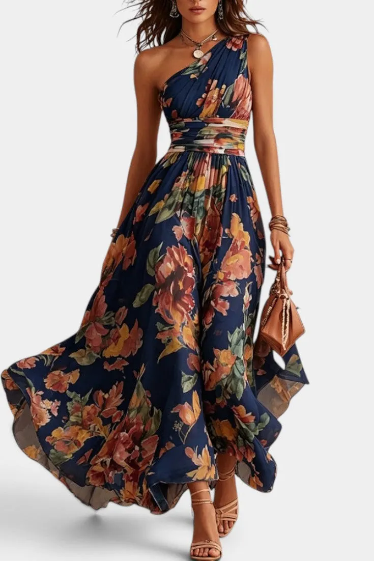 Asymmetric Floral Maxi Dress with Belted Waist