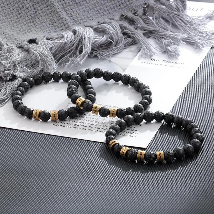 Pulsera 3 Nombres Personalizados Pulsera de hombre de piedra de lava negra