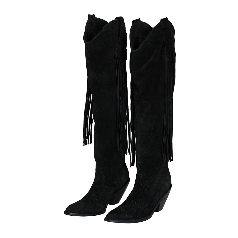 Black Faux Suede Pointed Toe Chunky Heel Over The Knee Fringe Boots Nicepairs