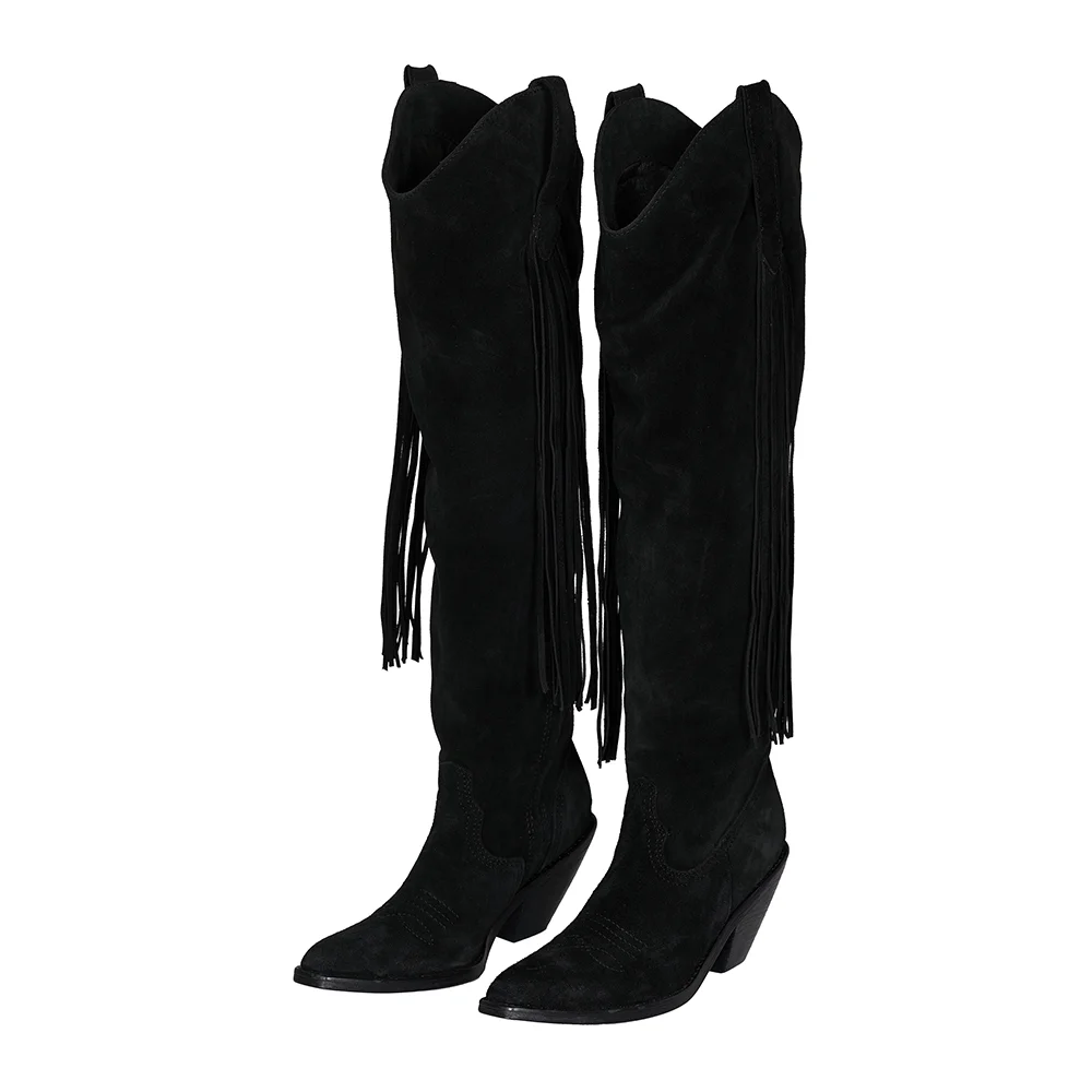 Black Faux Suede Pointed Toe Over The Knee Fringe Boots With Chunky Heels Nicepairs