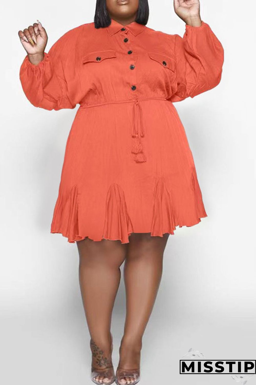Orange Casual Solid Patchwork Buckle Fold Turndown Collar Straight Plus Size Dresses