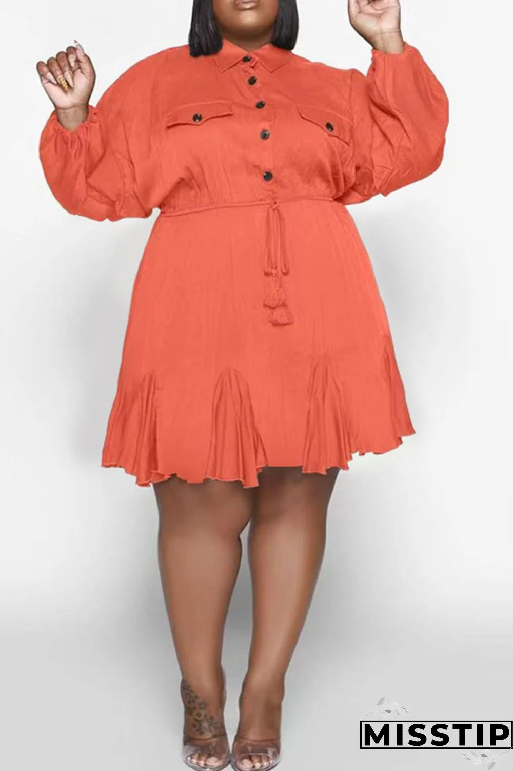 Orange Casual Solid Patchwork Buckle Fold Turndown Collar Straight Plus Size Dresses