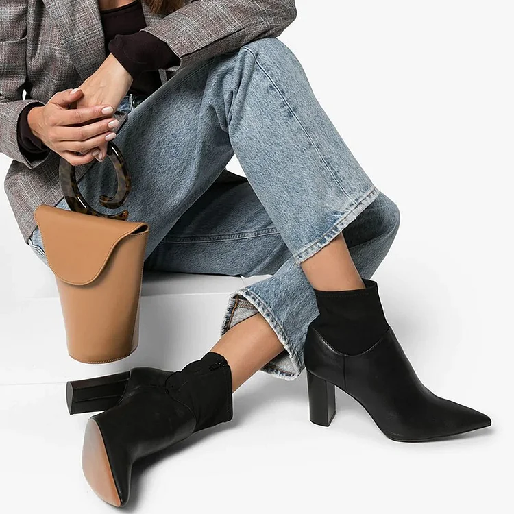 Black Sock Boots Pointed Toe Chunky Heel Ankle Boots |FSJ Shoes