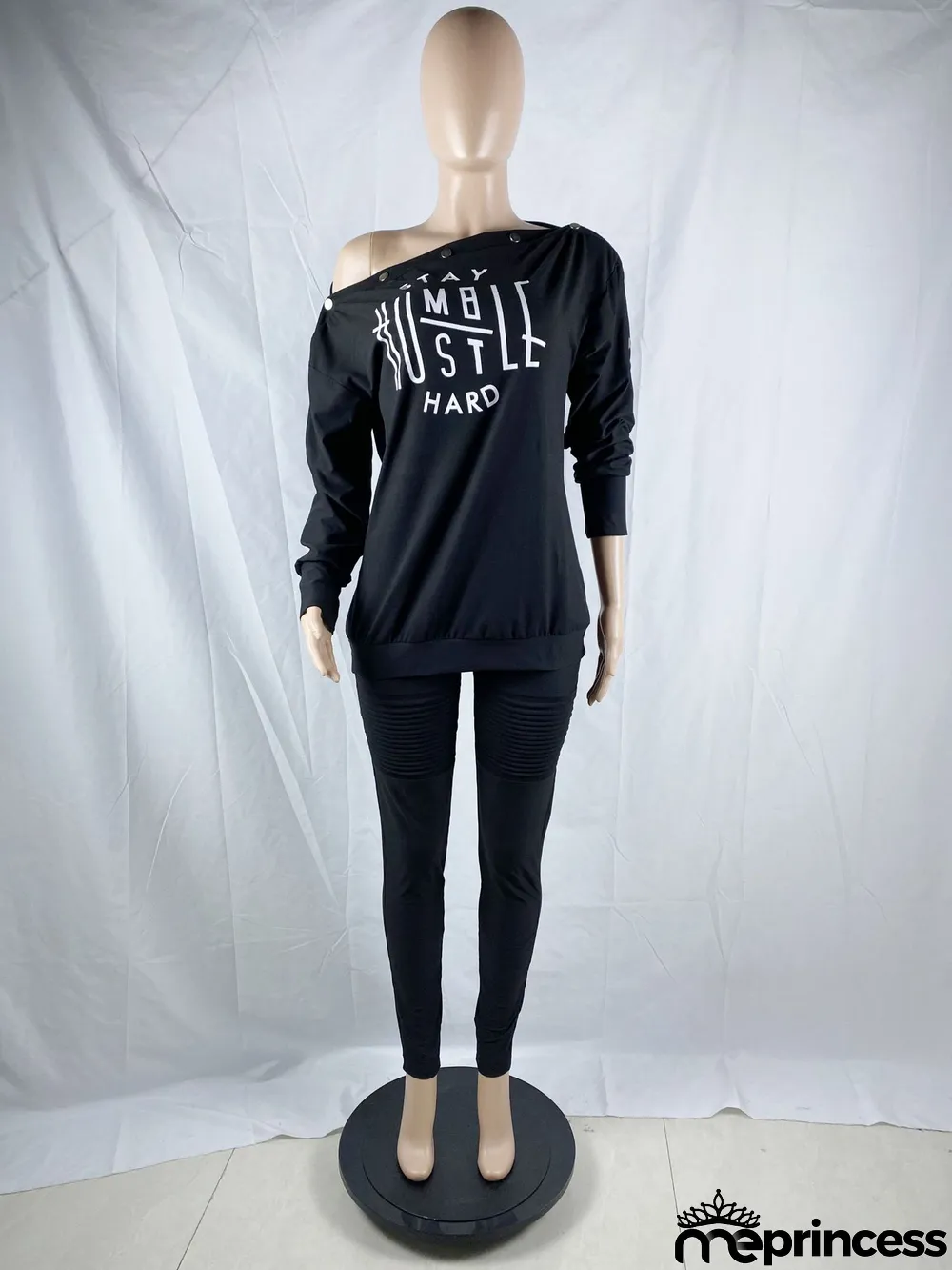 Plus Size Letter Slash Neck Long Sleeve 2 Piece Sets