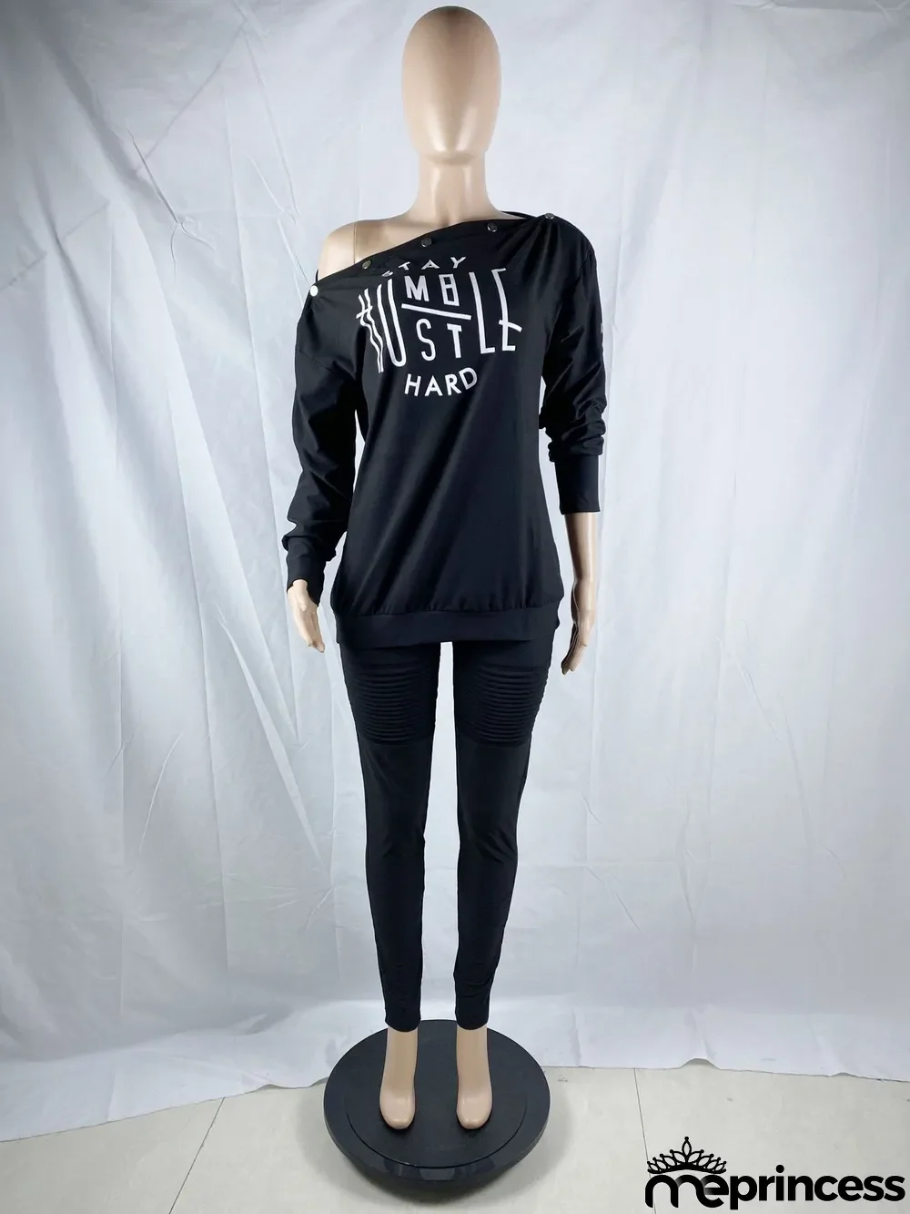 Plus Size Letter Slash Neck Long Sleeve 2 Piece Sets