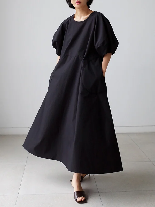 Regal Reverie: Bishop Sleeve Solid Color Midi Dress