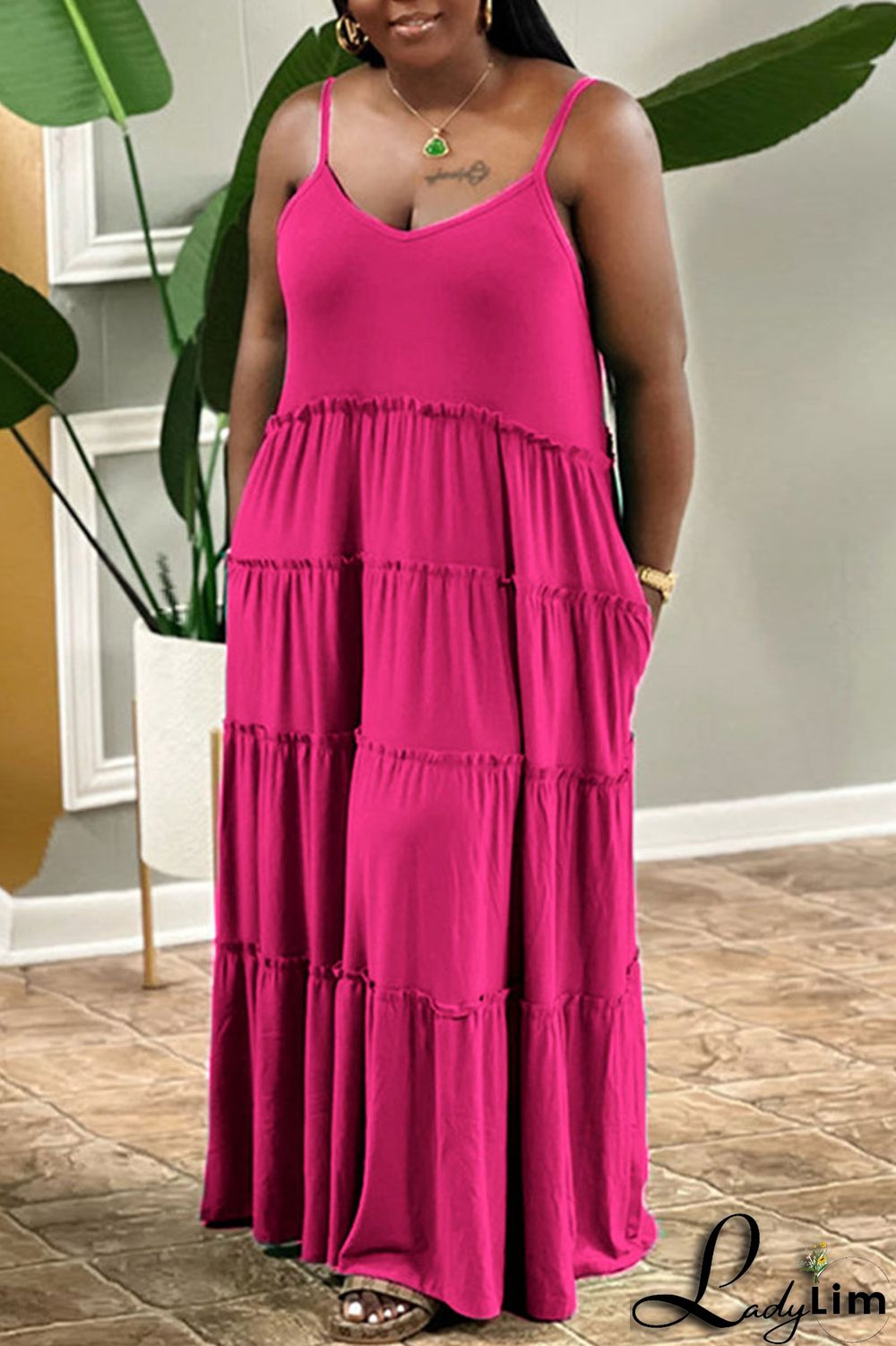 Green Casual Solid Patchwork Pearl Spaghetti Strap Sling Dress Plus Size Dresses