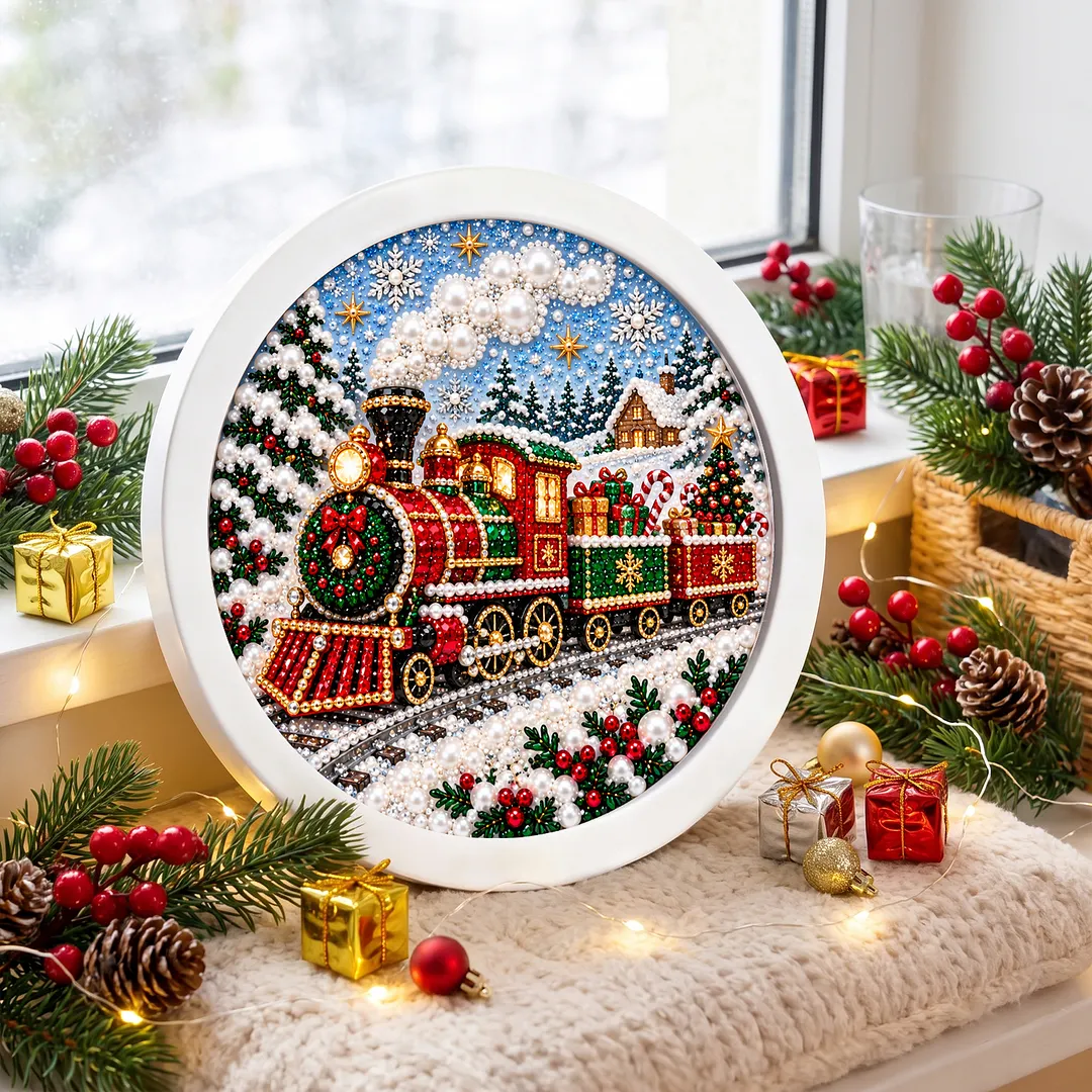 Framed Diamond Painting Christmas Train Kit Round 7.87x7.87in