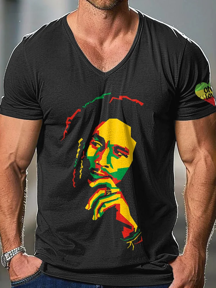Vintage Reggae Print Casual Cozy V-neck T-shirt