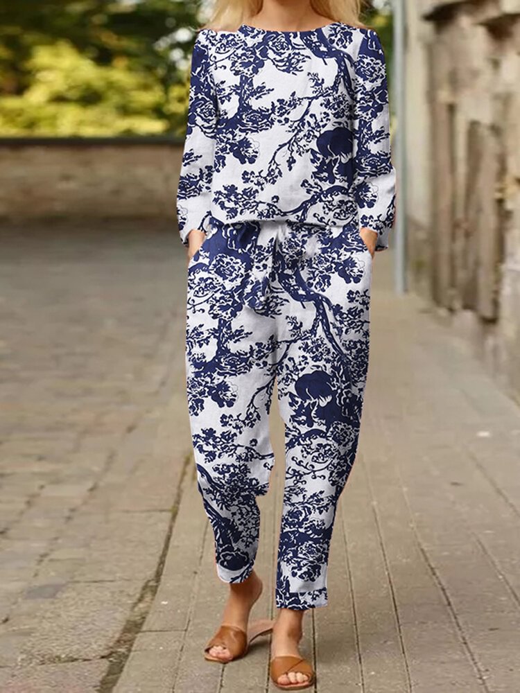 Plants Print Pocket Tie Front Elastic Waist Long Sleeve Suit