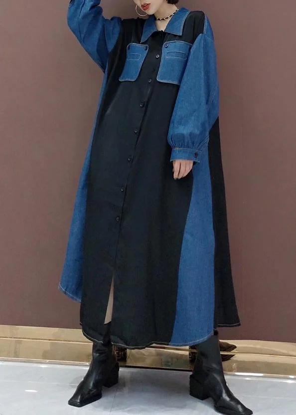 Simple Blue Dresses Lapel Patchwork Robe Spring Dress