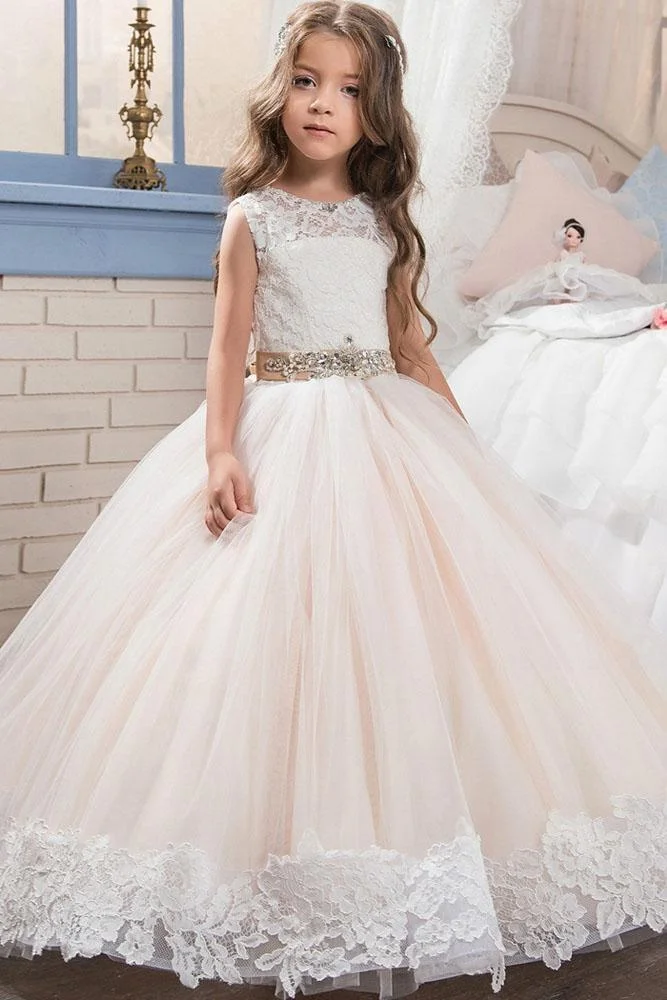Hellodresses Scoop Neck Sleeveless Ball Gown Flower Girls Dress with Lace Applique