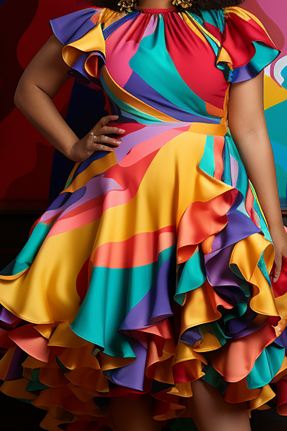 Design Plus Size Party Vintage Multicolor Colorblock Round Neck Petal Sleeve Short Sleeve Ruffle Satin Midi Dresses [Pre-Order]