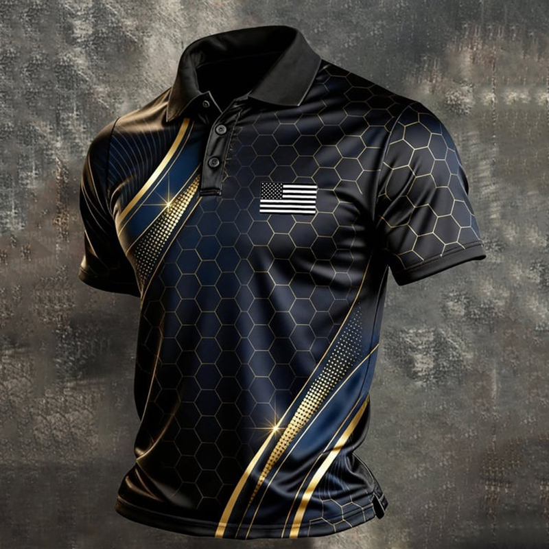 Comstylish Men's Retro Patriot Color Block Short-sleeve Polo Shirt