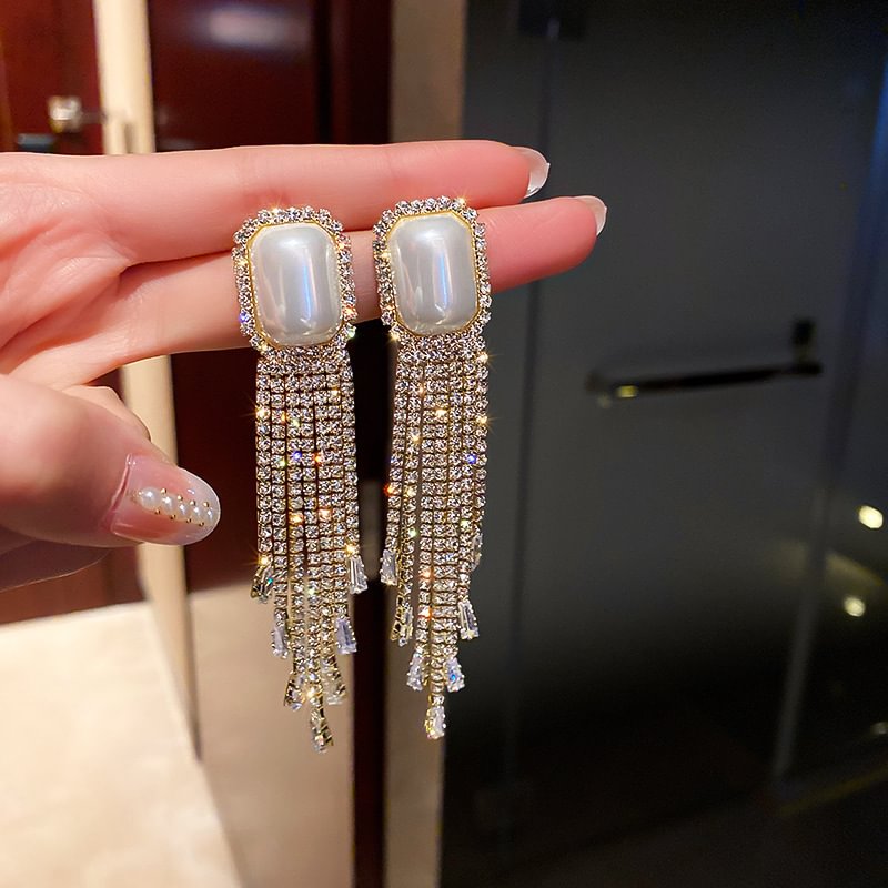 LAST DAY 70% OFF - Fashion Pearl Full Diamond Tassel Earrings 
