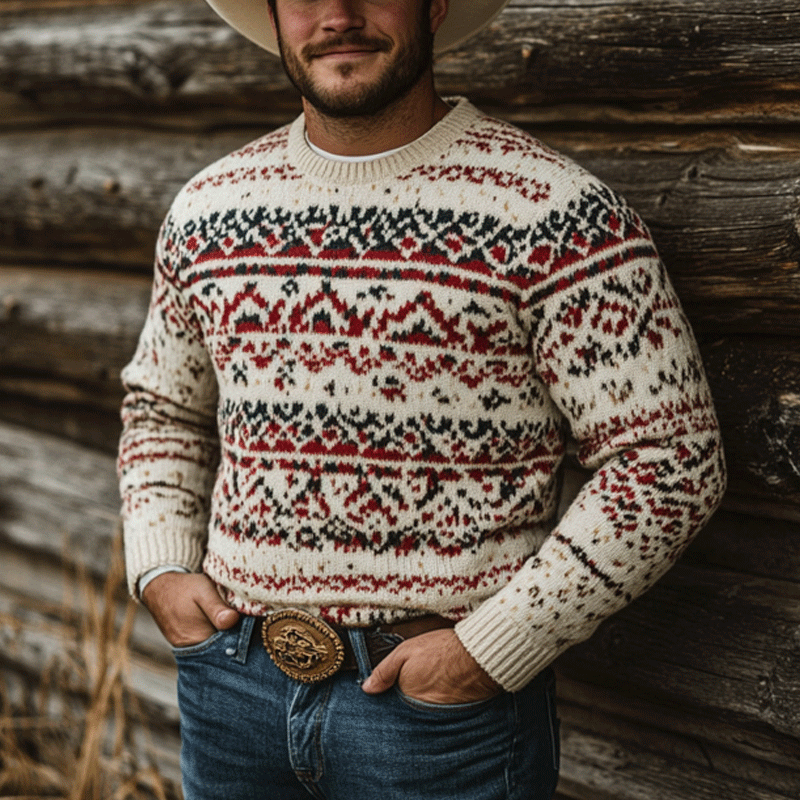 Men's Vintage Western Cowboy Ethnic Print Round Neck Sweatshirt-inspireuse