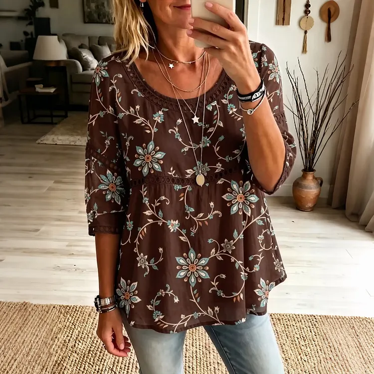 Women's Vintage Floral Pattern Art Flowy Three-quarter Sleeve Casual Tops