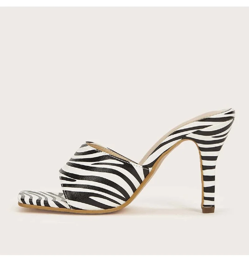 Vstacam  2023 Women's Zebra Pattern Sandals Large Size Shoes Peep Toe Square Heels Stiletto High Heels Summer Party Slingbacks Sneakers