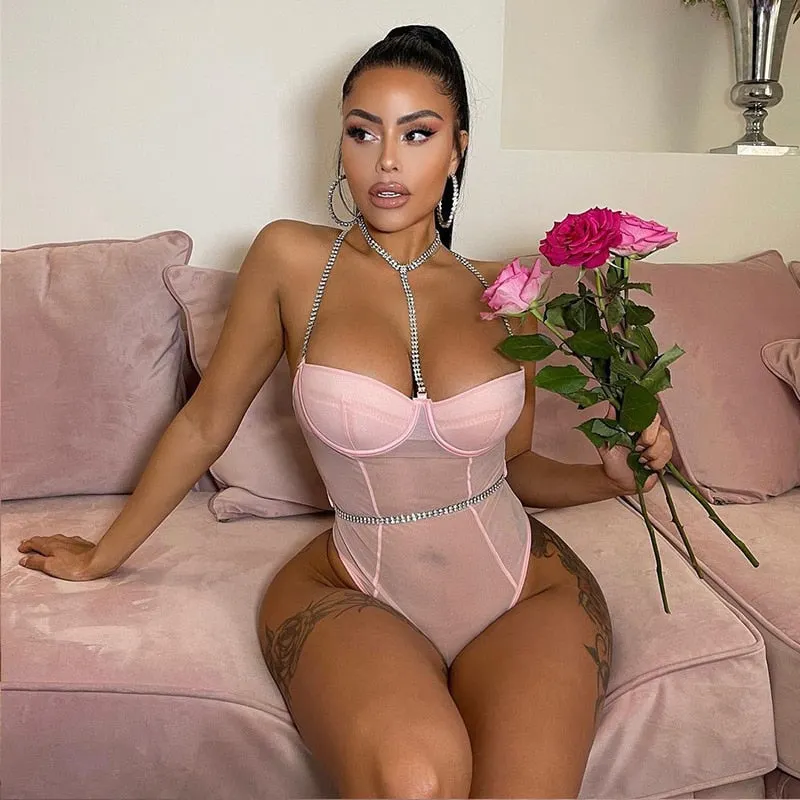 Ellolace Rhinestone Sexy Lingerie Bodysuit Women Lace Sleeveless Bodies Underwire Push up Bodycon High Cut Body Backless Top
