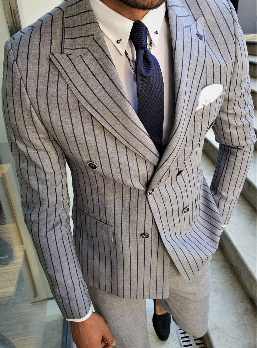 Bojoni Navy Blue Slim Fit Pinstripe Double Breasted Suit