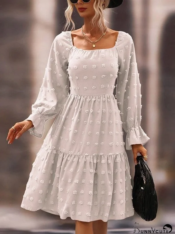 Jacquard Square Neck Long Sleeve Chiffon Dress