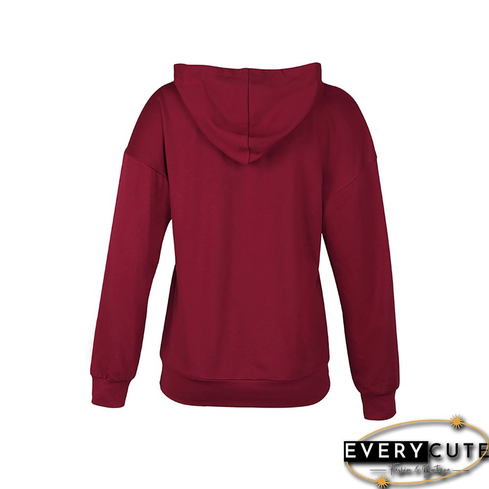 Solid Wine Red Button Collar Pocket Hoodie