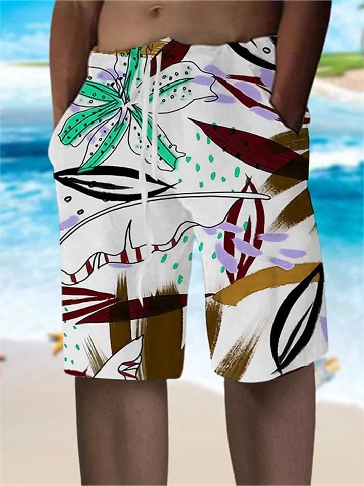 Beach Drawstring Shorts Botanical Graffiti Sketch Printed Men's Shorts-Cosfine
