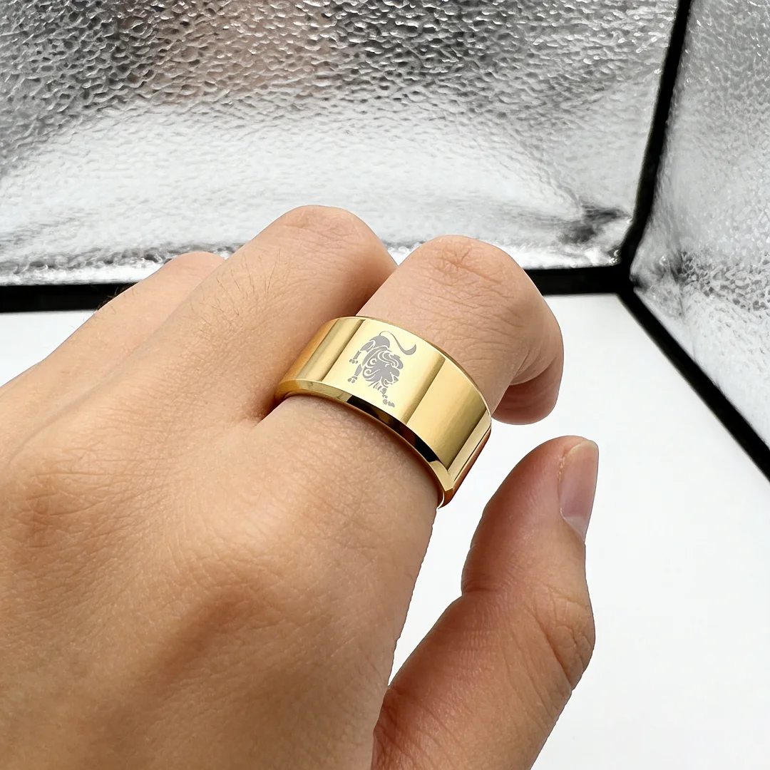 Gold Leo Tungsten Carbide Rings Beveled Edges Gold Laser Etched Couple Wedding Bands 4MM 6MM 8MM Width