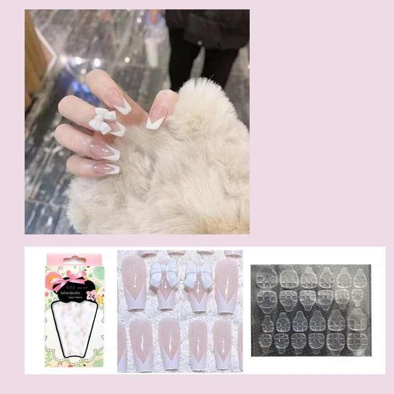 24pcs decorated false nails Transparent purple bow with long round head falis nails Manicure patch acrylic nail tips-Nail Inspo