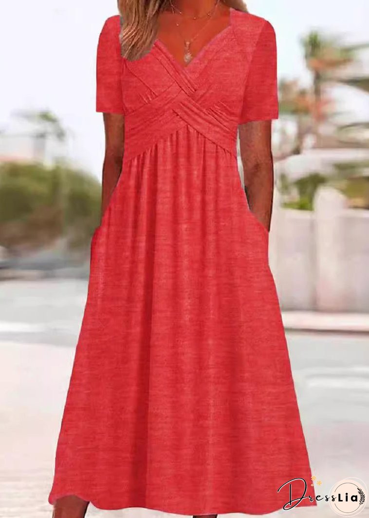 New Green V Neck Pockets Solid Cotton Long Dress Summer