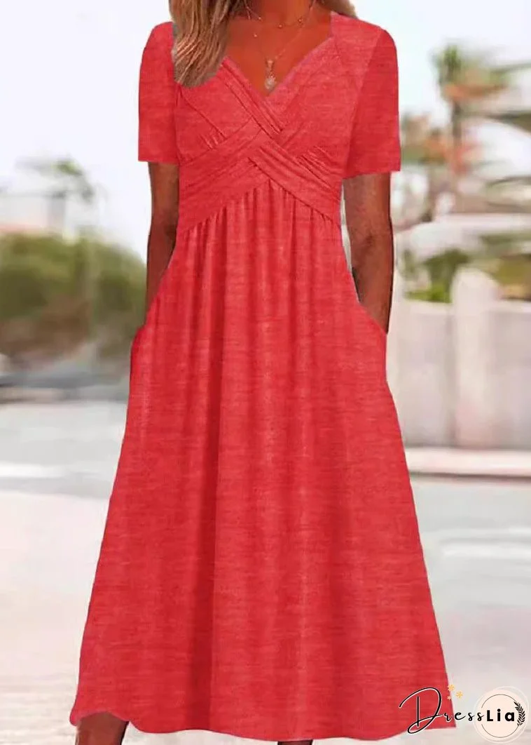 New Green V Neck Pockets Solid Cotton Long Dress Summer