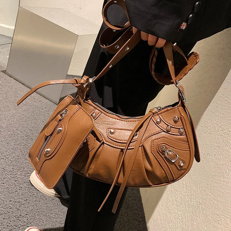 2 bag Half Moon Armpit Bag 2021 Winter New High-quality PU Leather Women's Designer Handbag Vintage Rivet Shoulder Messenger Bag