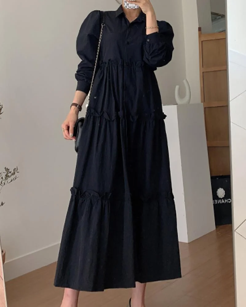 Solid color dress with lapel long sleeves