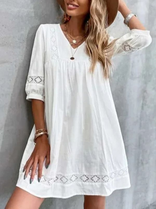 Mature Women Summer New V-neck Simple Cotton Mid-sleeve Casual Vacation Mini Dress