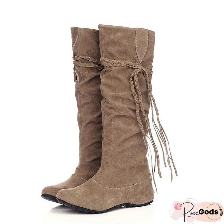 Women's Wedge Heel Ruffles / Knee High Boots Slouch Boots Fall / Winter Black / Pink / Brown