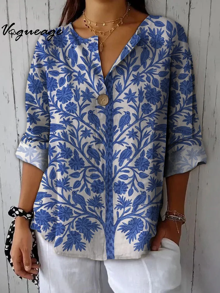 Stylish Gentle And Elegant Birds And Plants Printed Cotton And Linen Shirt