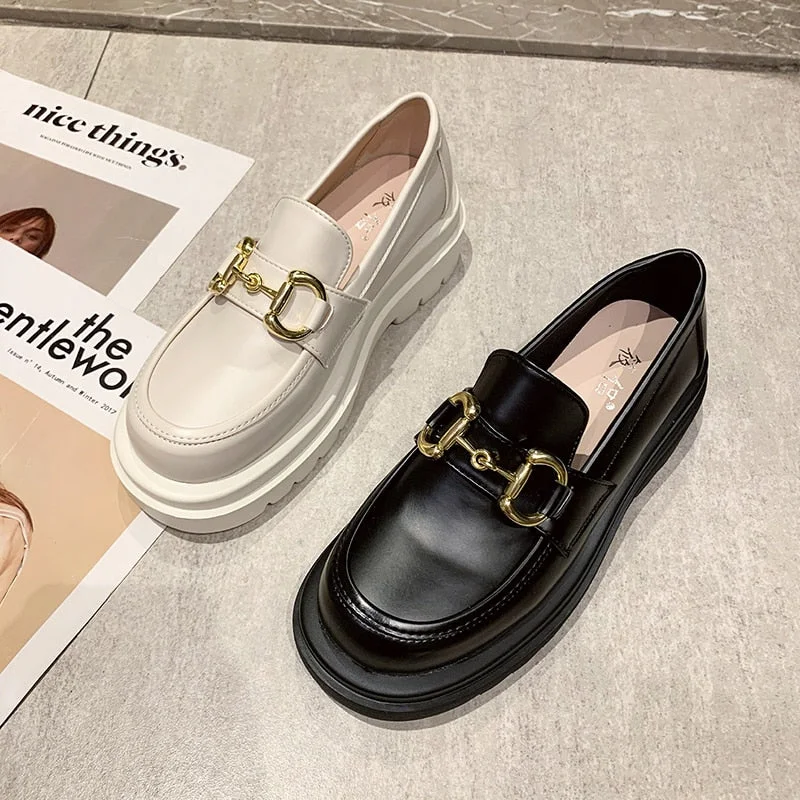 Flats Leather Casual Shoes Metal Buckle Platform for Women 2021 Oxfords Women's Loafers Genuine Moccasins Slip-on Autumn