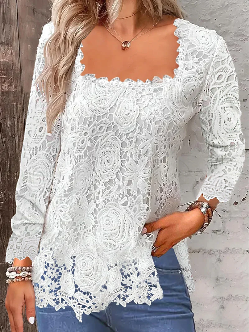 Women Long Sleeve Square Collar Solid Color Lace Tops