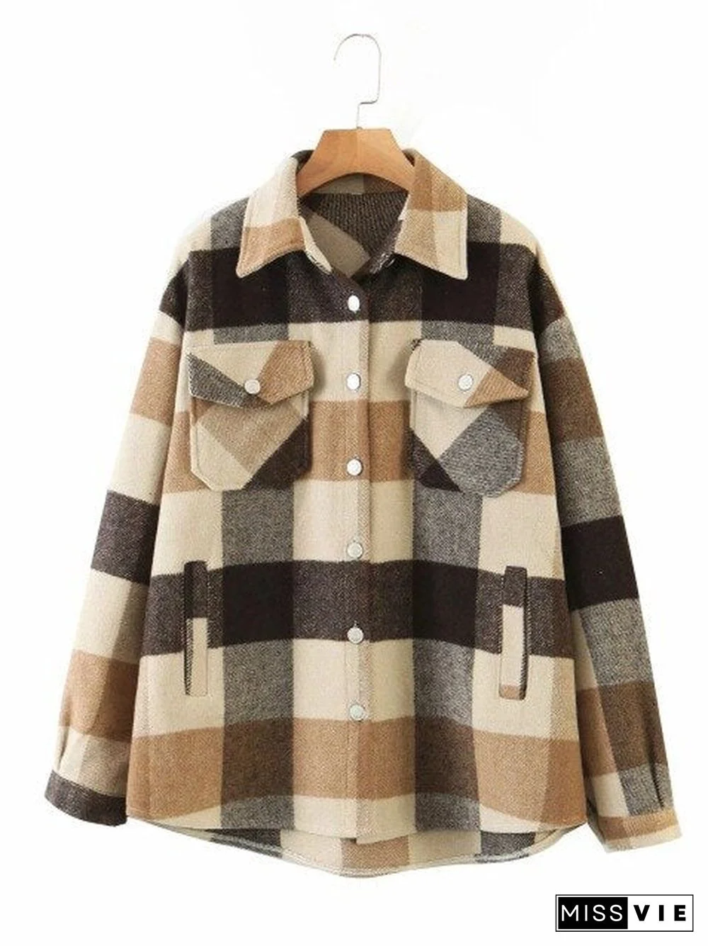 Autumn Winter Plaid Jacket Wool Blend Coat Fashion Button Long Sleeve Coat Casual Office Warm Overshirt Ladies Jackets Chic Tops