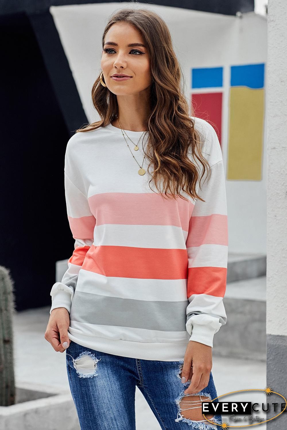 White Dreaming of Spring Striped Pullover Top