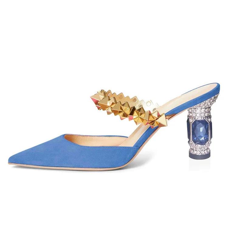 Blue Rhinestone Strap Mule Chunky Heels Pumps Vdcoo
