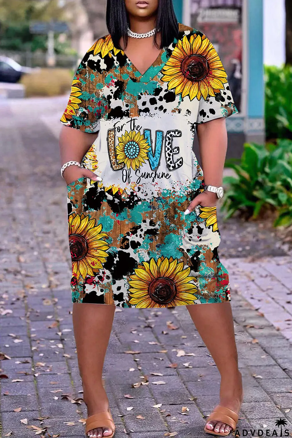 Light Brown Casual Work Print Patchwork V Neck Straight Dresses