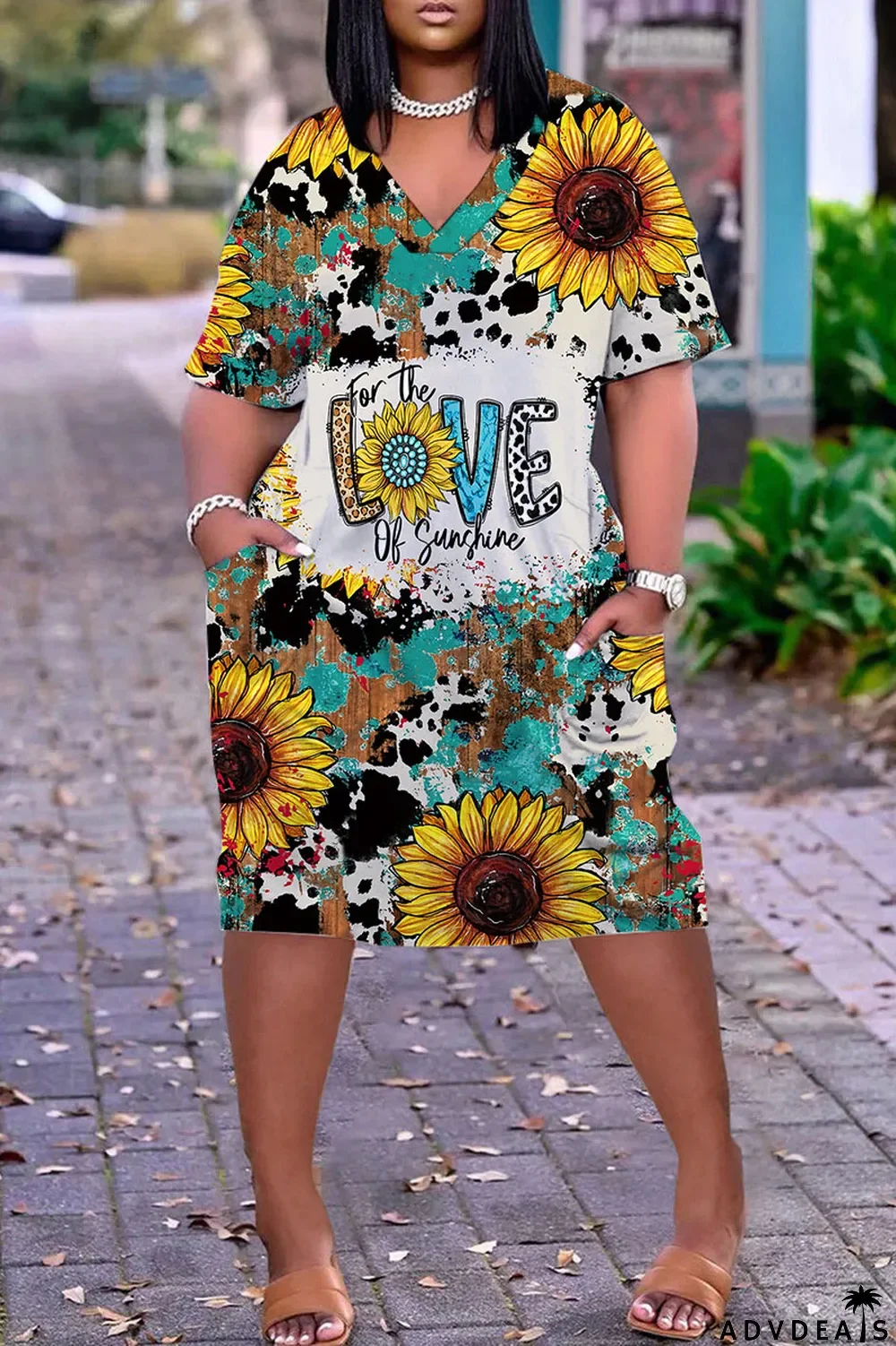 Light Brown Casual Work Print Patchwork V Neck Straight Dresses