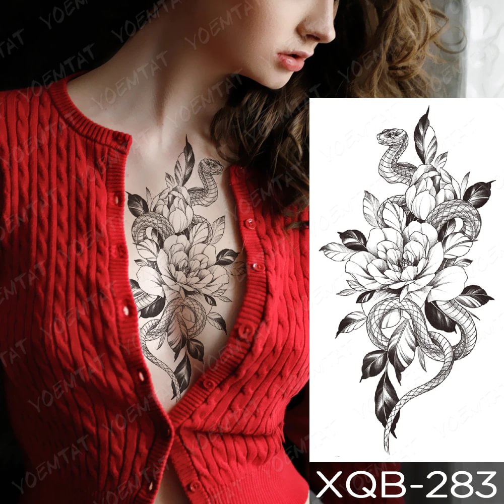 Gingf Temporary Sleeve Tatooo Stickers Snake Begonia Flower Blooming Line Tattoo Sexy Body Art Fake Tatoo Male Women Black